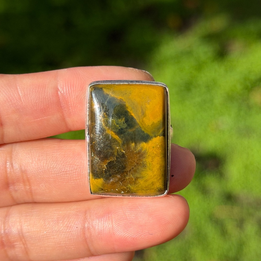 Size 11.25 silver plated rectangular ocean jasper ring 0840‎